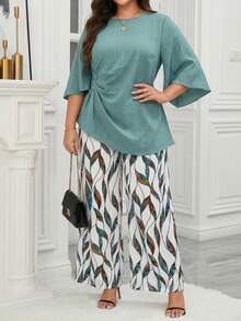 Reflora 大码女装两件套：纯色褶皱上衣和树叶印花阔腿裤，休闲日常穿着 - 彩色 - 查看 2