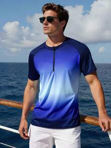 ZELFYO 男士渐变色插肩短袖拉链半开襟防晒衣 - 藍色 - 查看 3