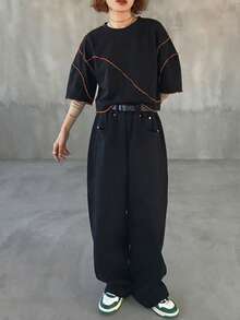 FRIFUL Women's Solid Color Round Neck Dark Grey Lockstitch Loose Casual Versatile T-Shirt - Black - View 6