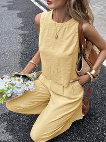 Serisse Women's Vacation Casual Solid Color Tank Top And Pants 2 Pieces Set,Work Outfits For Women,Vacation Outfits Women - Light Yellow - View 7