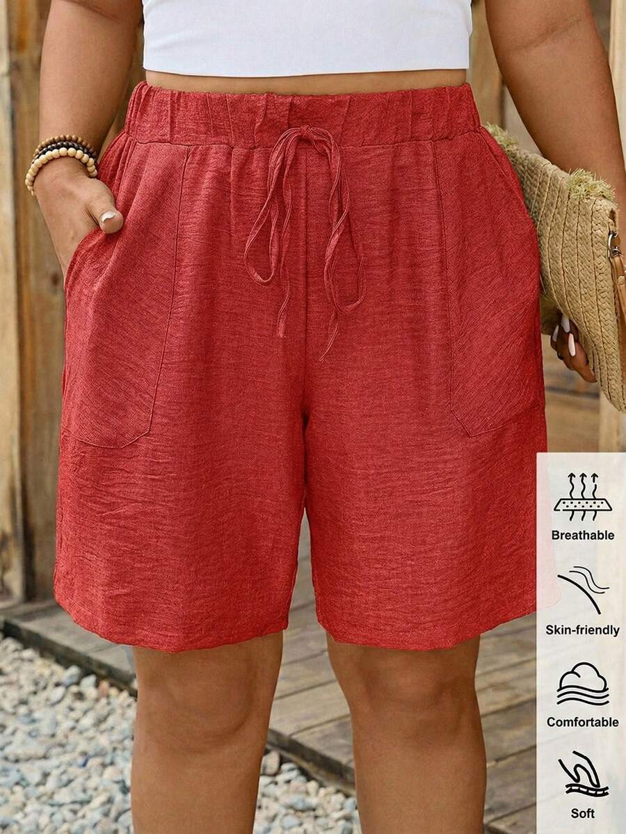 SHEIN LUNE 大码女式纯色抽绳腰带口袋休闲百搭日常短裤 - 紅色 - 查看 1