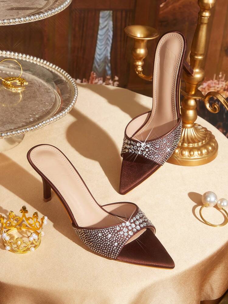CUCCOO TILAWA Women's Fashion, Women's High-Heeled Sandals, Camel, Rhinestones, Satin Material, Pointed, Commuting, Comfort, Indoor, Office, Street, Party, Travel, Vacation, Spring And Summer, Suitable For Dresses, Jeans, Shorts, Stiletto Slippers