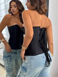 Women's Solid Color Bandeau Top, Simple Fitted Casual Shapewear - Black - View 2