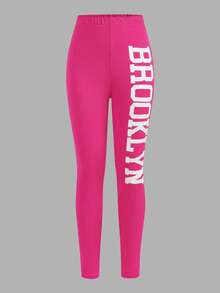 Tween Girls Casual Daily Fashion White T-Shirt Top With Green Letter Print And Green Leggings Set - Hot Pink - View 6