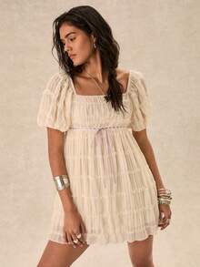 Easelle Apricot Woven Chiffon Mini Dress For Women - Apricot - View 8