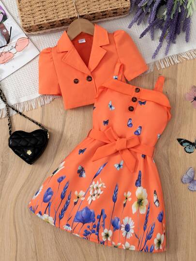 Elladie kids 2pcs/Set Girls Casual Collared Jacket And Cami Dress, Pink