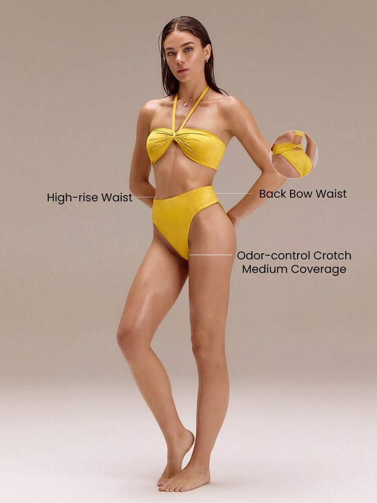 1PC Swim Collection Solar Glow Chlorine-Resistant Sun-Protective High-Rise Back Bow Waist Design Anti-Bacterial Lining Metallic Bikini Bottoms Swimming Beach Pool Holiday Vacation Summer Wear