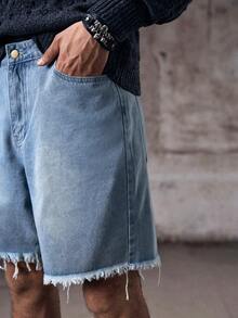 Skyrend Quần short denim thiết kế túi rách thường ngày dành cho nam, phong cách Emo - Màu xanh lam - Xem 7