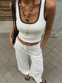 SHEIN ICON 2026 New Arrive Women's Floral Trim Square Neck Cropped Casual Tank Top, Summer - White - View 7