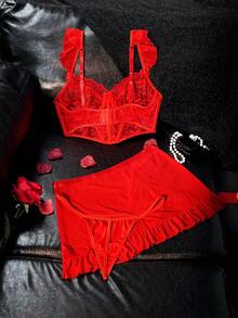 Bộ đồ lót ren gợi cảm dành cho nữ, gồm áo ngực xếp nếp, quần lọt khe và chân váy, bộ 3 món. - Đỏ - Xem 10