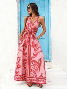 Vivid Eden Vestido Casual de Verão Feminino com Estampa Completa e Decote Halter Sem Costas - Rosa chiclete - Visão 6