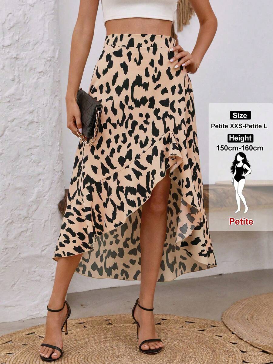 SHEIN PETITE 女士时尚荷叶边下摆印花不对称下摆长裙 - 卡其色 - 查看 1