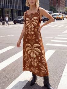 CAJUNI Chic Vacation Golden Banana Trees Long Dress - Brown - View 3