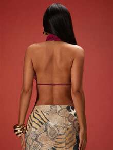 Denimoi Top halter asimétrico con espalda descubierta de encaje, tops sexy para salir de noche, atuendos de club y conciertos - Burdeos - Ver 4