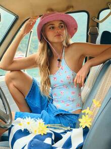 WESTFADE 印花圆领交叉露背高衩丁字裤连体衣 - 紫色 - 查看 5