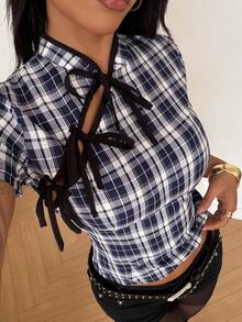 StreetHx Áo sơ mi nữ tay ngắn, kiểu dáng thường ngày, họa tiết kẻ caro, thắt nơ phía trước. - Nhiều màu - Xem 1