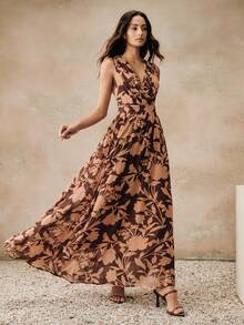 Women's Long V-Neck Floral Print Dress, Vacation Style - Multicolor - View 2