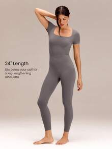 GLOWMODE 24" FeatherFit™ Tummy Control U-Back Square Neck Jumpsuit Low Impact Yoga Daily Removable Cups - Volcanic Gray - View 5