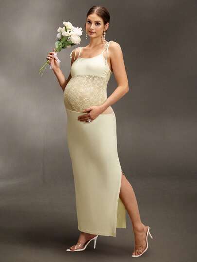 Cheriluna Maternity שמלת קמיסול ארוכה וצמודה בצבע צהוב בהיר, עדינה ורעננה, קישוט פפיון, שמלת הריון אלגנטית ללא כתפיות עם טלאי תחרה, מחשוף בטן ושסע קדמי לצילומי הריון