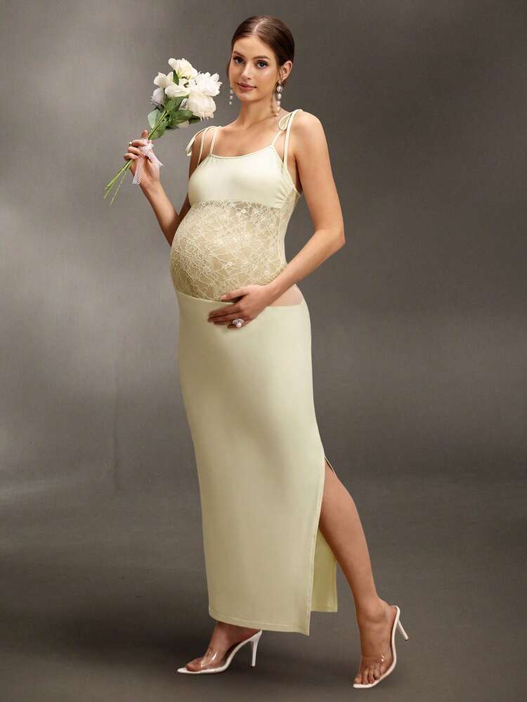 belly cut out maternity dress Cheriluna Maternity Pale Yellow Gentle & Fresh Long Fitted Camisole Dress, Tie Bow Decor, Lace Patchwork Strapless Elegant With Cutout & Front Slit , Formal Wear Orange V-Neck Maternity Dress Size:UK 18/US 14 digital Pregnant Waist/Hip