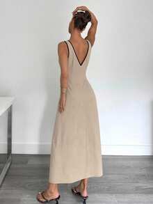 Siren Gaze Đầm dài dáng chữ A xếp ly eo mùa hè mới, giúp thon gọn vóc dáng cho phụ nữ. - Màu be - Xem 2