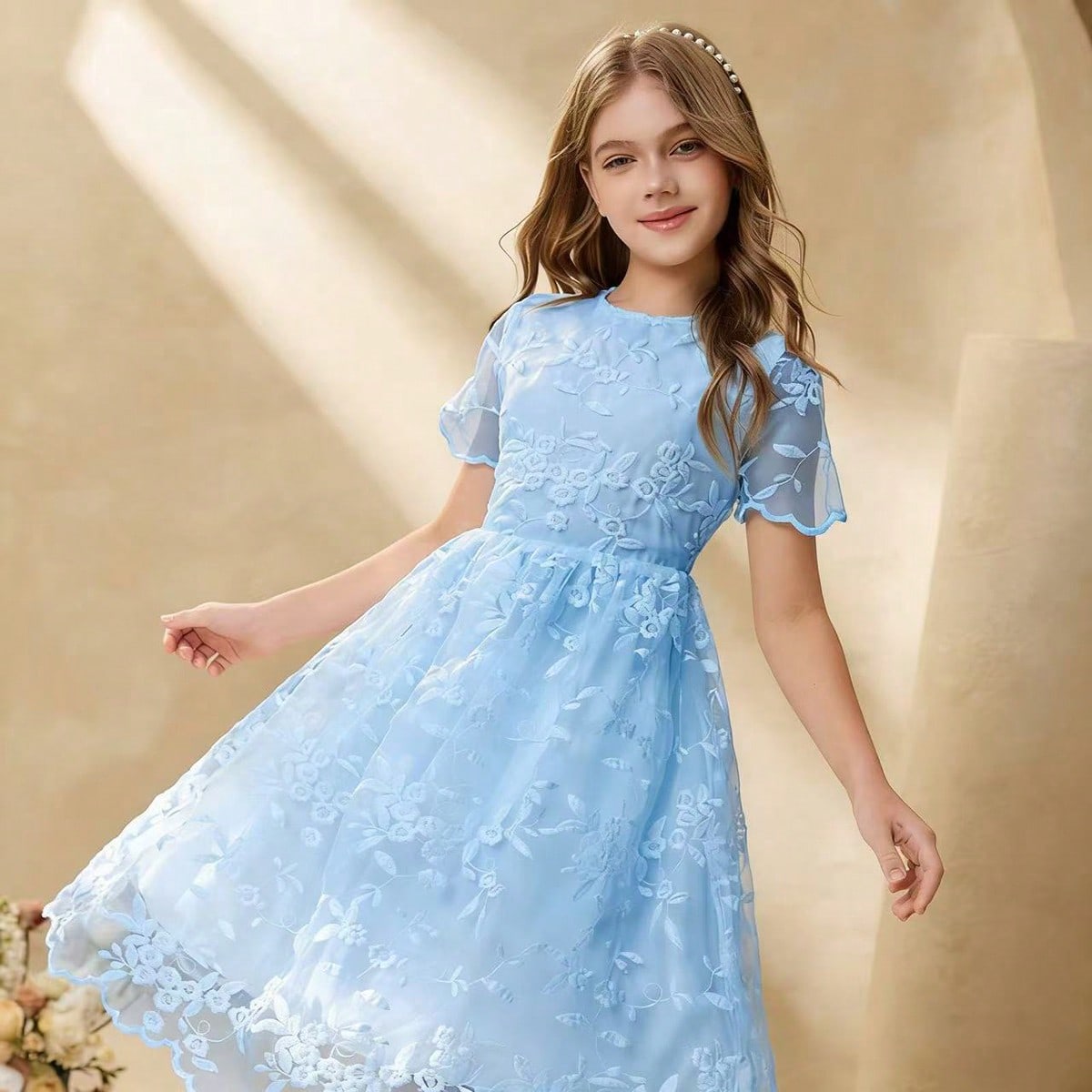 Vestido blanco de malla para niñas con bordado floral, para primavera/verano, vestido de niña de las flores para boda, fiesta de cumpleaños, de pol