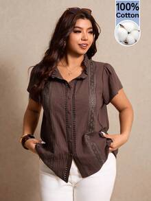 Elaquor Plus Size Casual Solid Color Short Sleeve Shirt, Summer Women's Tops And Blouses Blouse For Women Casual Modern Shirts For Ladies Casual Women's Shirts For Summer Women's Work Tops - Coffee Brown - View 4