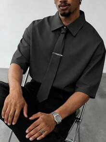 Manfinity Dauomo Áo sơ mi nam tay ngắn, màu trơn, dáng rộng, thường ngày. - màu đen - Xem 4