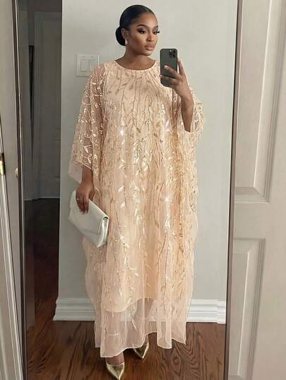 Fleurora Spring And Summer Elegant Modest Party Cocktail Party Concert/Music Festival Champagne Sparkly Woven Sequins Scoop Neck Flowy Batwing Sleeve Contrast Sequin Long Plus Size Dresses Outfit Wedding Guest Dress For Women Wedding Guest Dress Wedding Party Dress Birthday Dress Birthday Dresses For Women Birthday Outfits For Women Elegant Dresses For Women Elegant Dresses Elegant Dresses For Ladies Plus Size Embroidered Round Neck Mesh Patchwork Elegant Dress