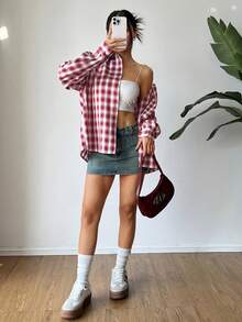 Flirla 女士休闲街头风格格子长袖衬衫 - 紅白色 - 查看 4