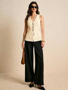 Poéselle 女士休闲V领单排扣无袖背心，纯色，适合日常通勤，夏季 - 米色 - 查看 2
