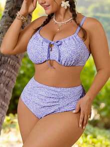 SHEIN Swim Mod Plus Size Women's Swimsuit, Sweet & Cute Beach Holiday, Yellow Textured Fabric With Underwire, 2 Pieces Set With Tie-Waist - Purple - View 4