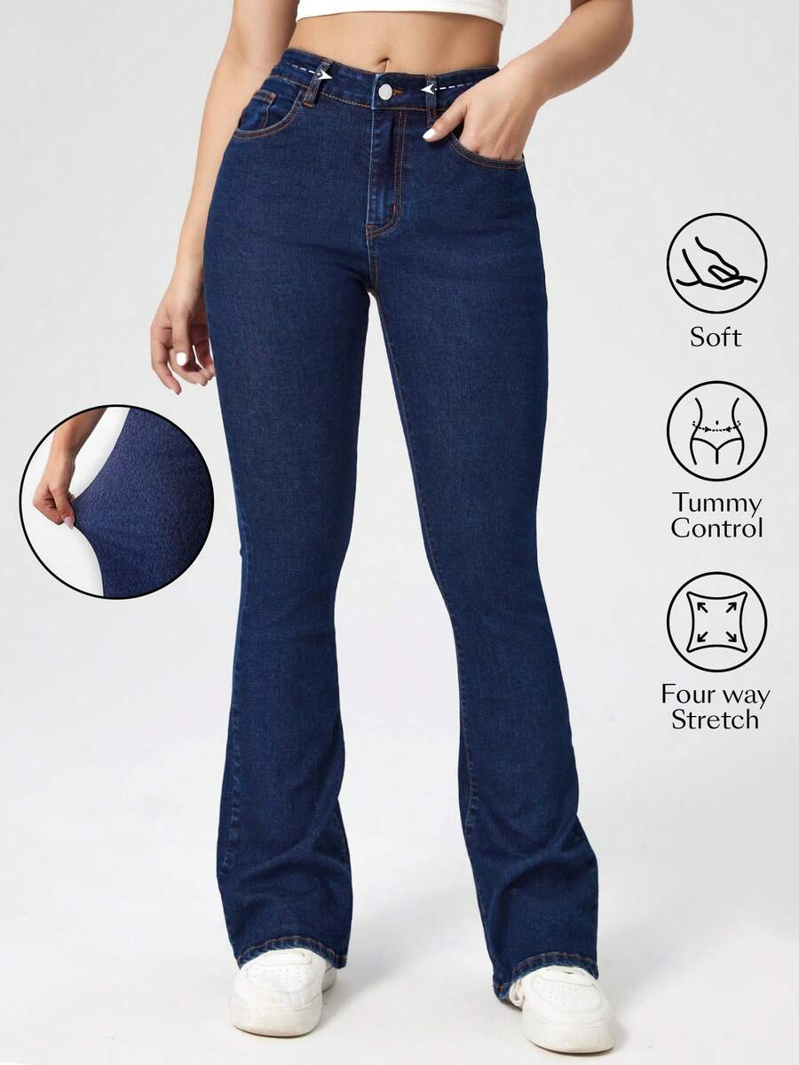 Flexra Quần jean nữ Nút Túi Dây kéo màu trơn - Rửa tối - Xem 1