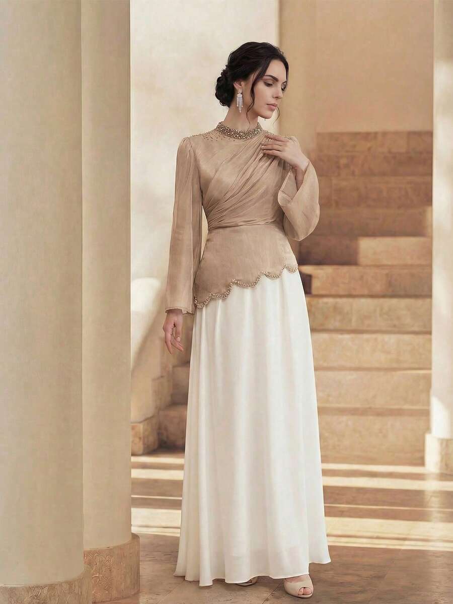 Anewsta Women's Solid Color Mandarin Collar Asymmetrical Rhinestone Embellished Flared Soft Elegant Dress - Apricot - View 1