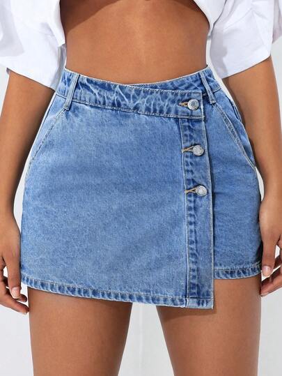 SHEIN PETITE Women's Washed Faded Denim Shorts Y2k