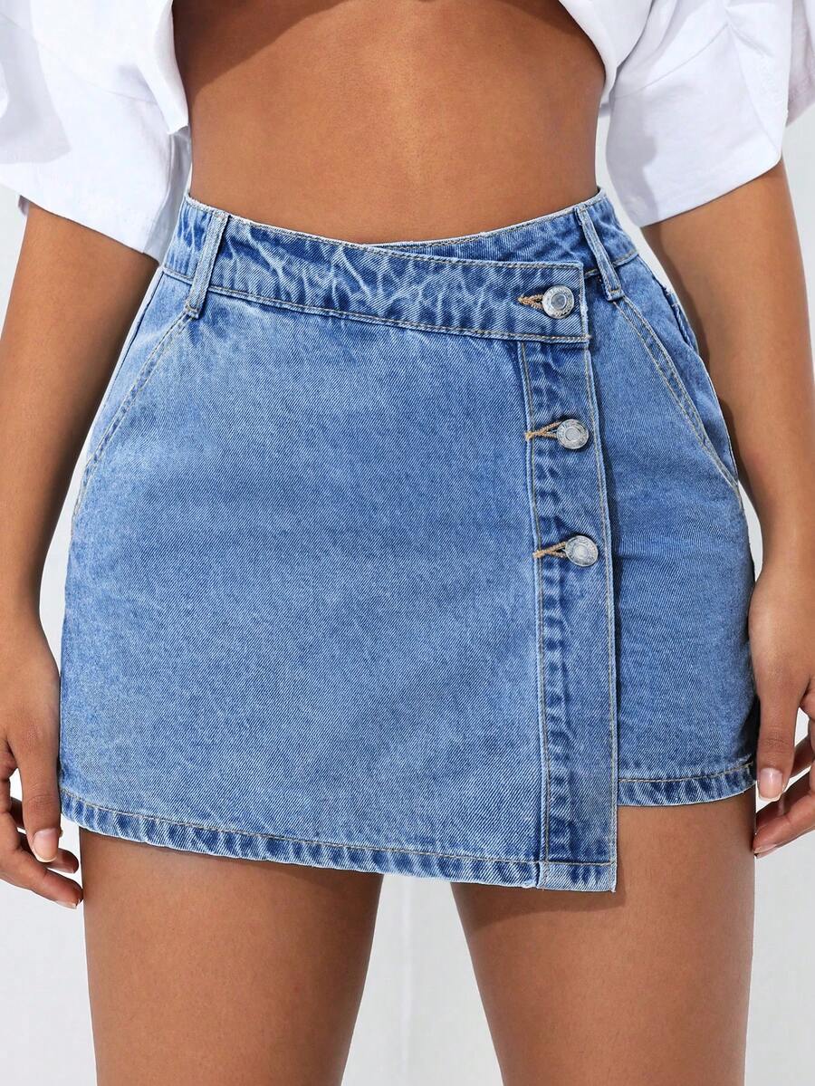 SHEIN PETITE 女士水洗褪色牛仔短裤 - 中等水洗藍 - 查看 1