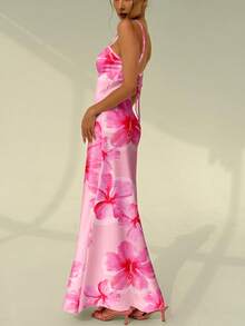 Aloruh Vacation Spaghetti Strap Tie-Up Bodycon Printed Dress For Women, Spring/Summer,Pink Dress - Pink - View 7