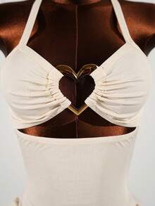 SaltGleam SaltGleam Vestido con tirantes finos y hebilla metálica con forma de corazón hueco, adecuado para fiestas de primavera/verano, uso diario, vacaciones, viajes, minifalda vestido de verano - Albaricoque - Ver 5