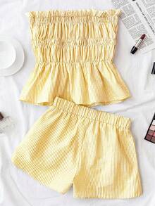 SHEIN Teen Girls Cute Green And White Striped Strapless Tube Top And Shorts 2-Piece Set,Women Summer Matching Outfits For Family Vacation,Party & Travel - Yellow - View 2