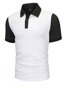 Manfinity Homme Men's Contrast Stripe Print Button Casual Short Sleeve Polo Shirt, Summer - White - View 3