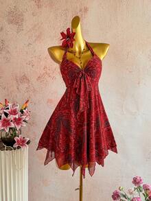 Sunnyshic Đầm ngắn nữ kiểu dáng thanh lịch, thường ngày, dự tiệc, phong cách bohemian, chất liệu lưới, họa tiết paisley, vạt bất đối xứng, cổ yếm, thắt nơ, thích hợp cho mùa xuân/hè. - Nhiều màu - Xem 5