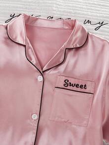 SHEIN Girls Classic Collar Solid Color Pocket Embroidered Short Sleeve Cardigan Matching Shorts Pajamas Set, Comfortable Casual Loungewear - Pink - View 6