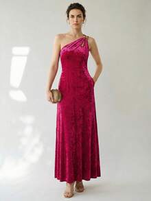 Uhlyne Uhlyne Women's Minimalist Velvet Metal Accessory Dress, Suitable For Wedding Guest, Birthday Party, Holiday, Christmas - Hot Pink - View 1