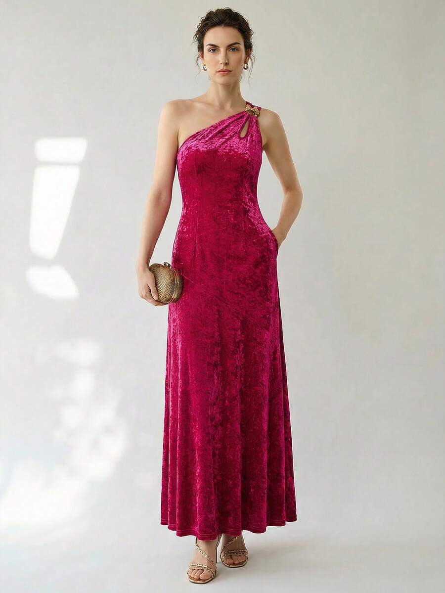 Uhlyne Uhlyne Women's Minimalist Velvet Metal Accessory Dress, Suitable For Wedding Guest, Birthday Party, Holiday, Christmas - Hot Pink - View 1