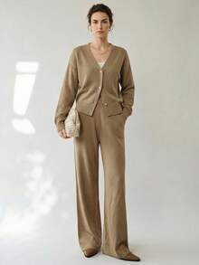 Conjunto de 2 piezas de suéter para mujer Uhlyne, top de manga larga con cuello en V y pantalones, minimalista, vintage, elegante y casual de unicolor con detalles de botones, adecuado para el uso diario, el ocio y eventos formales, otoño/invierno - Camel - Ver 1