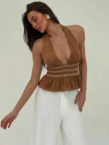 Aloruh 女士性感深V领铆钉荷叶边吊带上衣 - 卡其色 - 查看 6