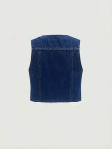 SHEIN Girlism Áo gile denim không tay phong cách thường ngày cho bé gái tuổi teen, trang trí sequin họa tiết sao, mặc mùa xuân hè đi biển nghỉ dưỡng - Rửa tối - Xem 3