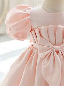 Glamorique Kids 女婴缎面优雅连衣裙，腰部系带蝴蝶结，圆领花瓣袖蓬蓬公主裙，适合所有季节 - 粉色 - 查看 9