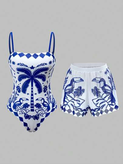 Swim Oasis بدلة سباحة قطعة واحدة مع شورت للتغطية بطبعة أشجار النخيل، حمالات رفيعة للنساء للعطلات