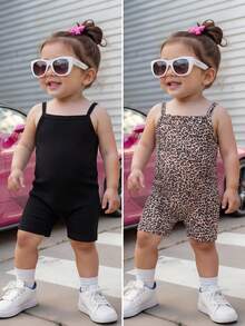 2pcs Cute Vintage Leopard Print Baby Girl Casual Strap Romper, Suitable For Spring/Summer - Multicolor - View 3
